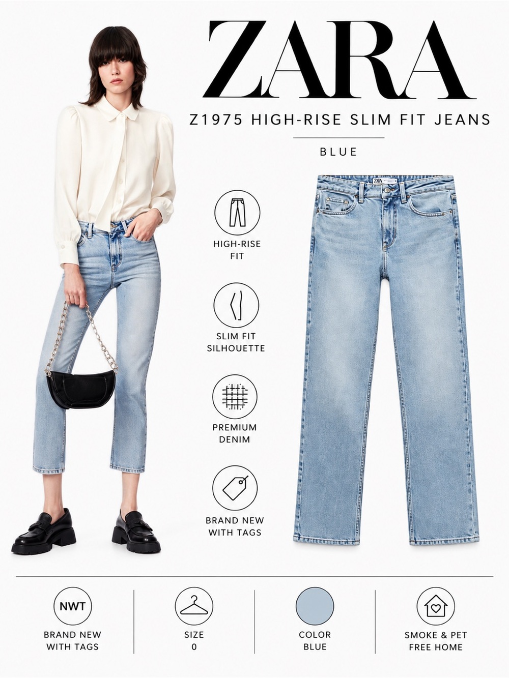 ZARA Z1975 Light Blue High Rise Slim Fit Jeans NWT Size 0